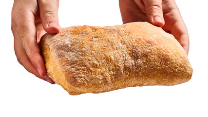 Male hands hold traditional italian wheat bread ciabatta. Isolated on white background
