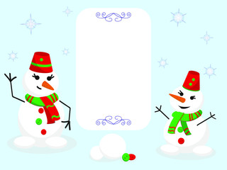 Vector blank snowmen and a place for a label or photo. Children's cartoon character on a blue background with snowflakes