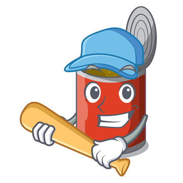 Playing Baseball Character Canned Food Isolated On Cartoon