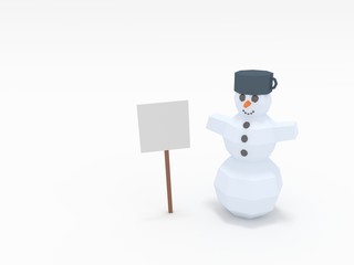 Snowmen stay by blank board no text (3D low poly graphics)