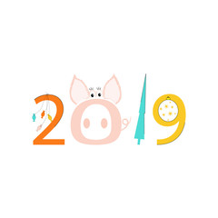  2019 Vector illustration Year of the Pig. Christmas card or background with cute stylized pig. Happy New Year, Merry Christmas!