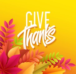 Happy Thanksgiving lettering with paper autumn leaf. Vector illustration