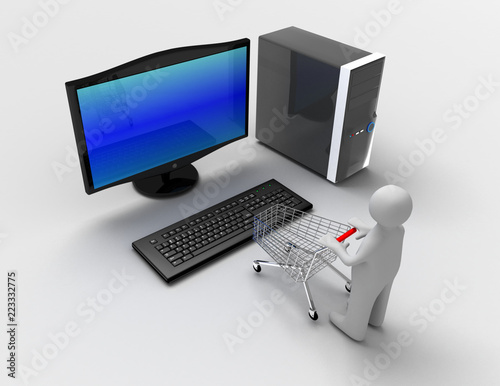3d Desktop Pc Concept With Cart And Man Stock Photo Royalty 3d Desktop Pc Concept With Cart And Man