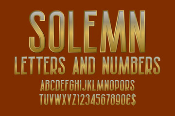 Solemn letters and numbers with currency signs. Golden font.