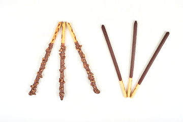 set of chocolate biscuit stick isolated on white background.