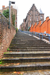 Beautiful cityscape of the 374-step long staircase Montagne de Bueren, a popular landmark and tourist attraction in Liege, Belgium
