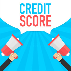 Hand Holding Megaphone with Credit score. Vector illustration.