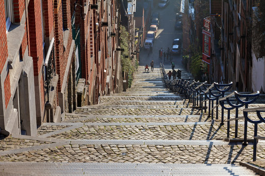374-step long staircase Montagne de Bueren, a popular landmark and tourist attraction in Liege, Belgium, on a beautiful winter day