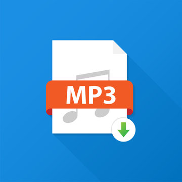 Download MP3 button. Downloading document concept. File with MP3 label and down arrow sign. Vector illustration.