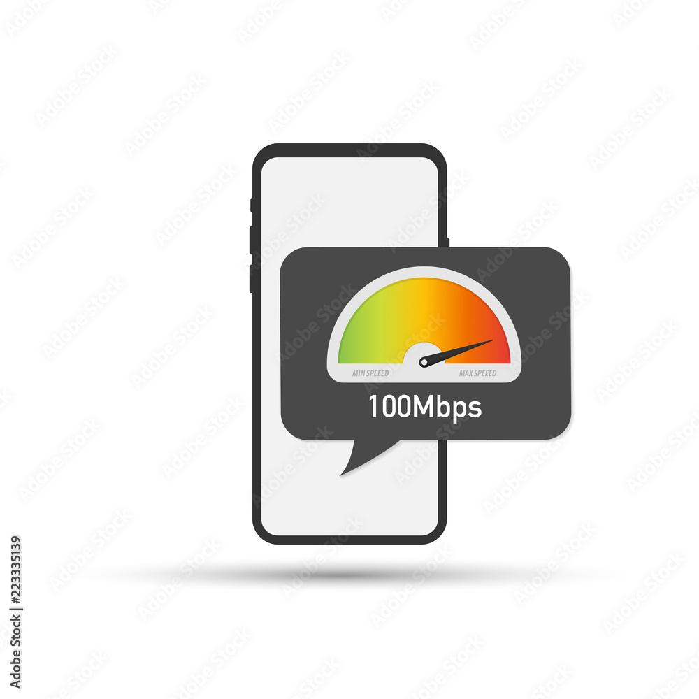 Sticker Hand holding smartphone with speed test on the screen. Vector illustration.