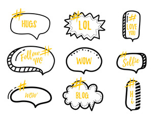 Set of bubble banners with hashtags. trendy design for young slang words. Vector illustration