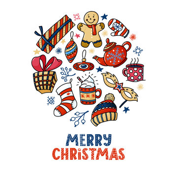 Round Christmas greeting card design with text and doodles - gingerman, teapot, cups, presents, vector illustration isolated on white background. Doodle style Merry Chrismas greeting card design