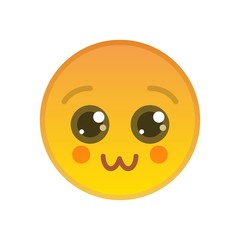 Cute emoticon isolated on white background. Pretty yellow emoji symbol. Social communication and internet chatting vector element. Charming smile face with facial expression in flat style.