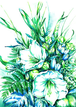 A bouquet of white lilies. Watercolor in green tones © sinnata