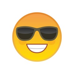 Fototapeta premium Laughing emoticon with sunglasses isolated on white background. Happy yellow emoji symbol. Social communication and internet chatting vector element. Superman smile face with facial expression.