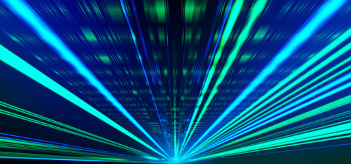 Geometric background. Moving energy. Retro neon colors. Colorful backdrop. Neon lights. Green and Blue.