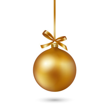 Gold Christmas Ball With Ribbon And Bow On White Background. Vector Illustration.