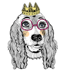 Portrait female pet Spaniel dog with royal crown.