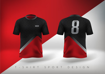 Soccer sport t-shirt design slim-fitting red and black with round neck. Vector illustration.