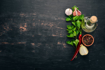 Food Background. On the old wooden background. Free space for text. Top view.