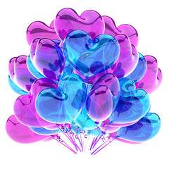 party balloons purple blue violet colorful heart shaped translucent. birthday decoration romantic glossy. holiday, celebration love greeting card. 3d rendering