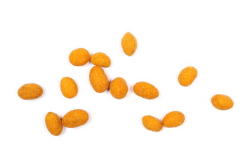 Spicy hot peanuts pile isolated on white background, top view
