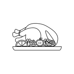 Vector  illustration of black lines icon with roasted turkey on a dish with slices of orange, apple, salad and decored with cones
