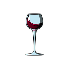 Vector illustration of cartoon blue wineglass with red wine with big wave of beverage in the glass