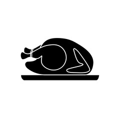 Vector  illustration with black silhouette icon of roasted turkey on a dish