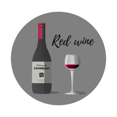 Vector illustration of wineglass with red wine and dark grey wine bottle, red cap and sticker with text "Château de Loremipsum" on a grey background and text "red wine". Flat style