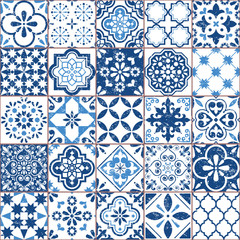 Modèle de tuile Azulejo de vecteur, mosaïque de tuiles rétro portugais ou espagnol, design bleu marine sans couture méditerranéen