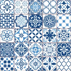 Behang Portugese tegeltjes Vector Azulejo-tegelpatroon, Portugees of Spaans retro oud tegelsmozaïek, Mediterraan naadloos marineblauw ontwerp