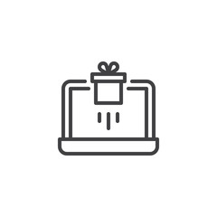 Fototapeta premium Laptop and gift box outline icon. linear style sign for mobile concept and web design. Online shopping simple line vector icon. Symbol, logo illustration. Pixel perfect vector graphics
