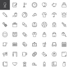 Promotional material outline icons set. linear style symbols collection, line signs pack. vector graphics. Set includes icons as Wine, Notebook, Flag, Wall Clock, Balloons, Gift box, Sunglasses, Shirt