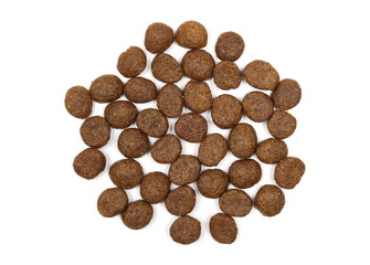 Dry dog food, isolated on white background, top view