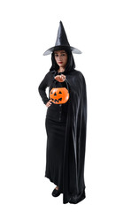 Portrait of woman in black Scary witch halloween costume standing with hat isolated on white background