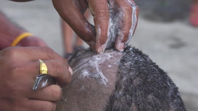 close up Young men hair shaving before ordination for new monk at phuket temple
