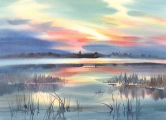 Fototapeta na wymiar A lake in the evening light landscape watercolor background