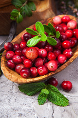 Harvest fresh red cranberries in wooden bowl, selective focus. Autumn concept