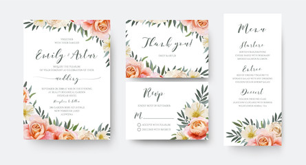 Wedding floral invite, thank you, rsvp menu card design with garden pink peach, orange Rose, yellow white Magnolia flower, Eucalyptus, green Olive tree leaves wreath decoration. Romantic vector layout