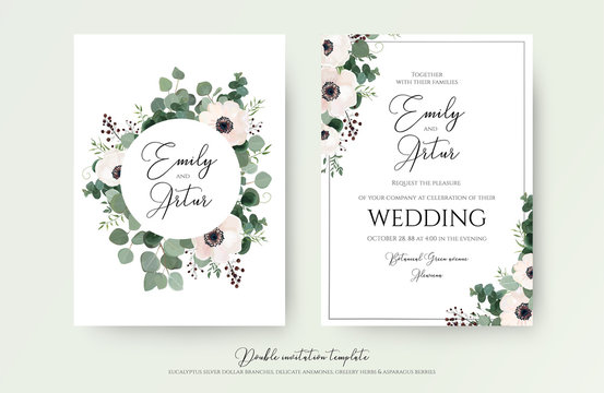 Wedding Invitation, floral invite modern card Design: light pink anemone flower, green eucalyptus greenery branches, thyme leaves & berries wreath & frame pattern. Vector, elegant, watercolor template