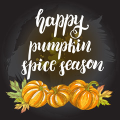 Season Background. Greeting card with Ink hand drawn pumpkins. Autumn harvest elements composition with brush calligraphy style lettering. Vector illustration.