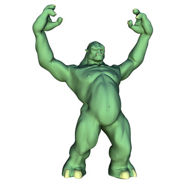 one huge and muscular green evil troll. He stands with his arms raised showing his strength and growls