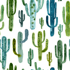 Cactus seamless pattern. Cactuses, succulents, cacti watercolor repeat pattern.