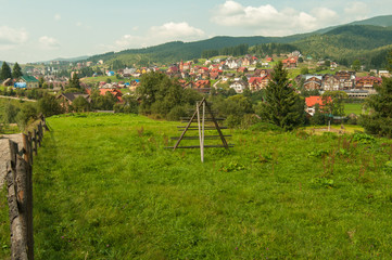View of Carpathian village, mountains