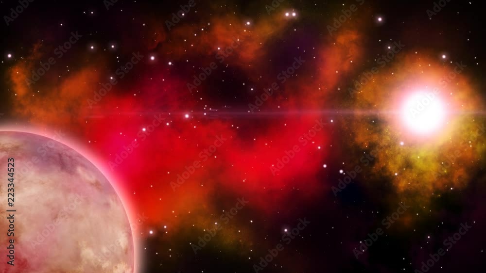Wall mural red nebula in the deep space along with rotating planet and bright star. loop.