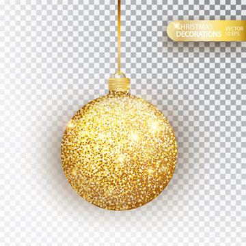 Golden glitter Christmas bauble golden glitter isolated on white. Sparkling glitter texture bal, holiday decoration. Stocking Christmas decorations.Gold hanging bauble. Vector illustration