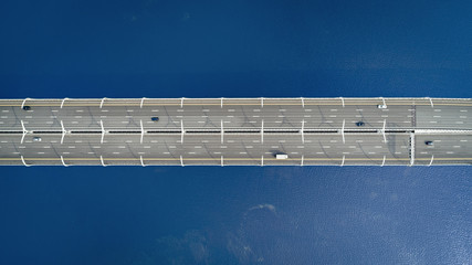 Aerial view of a high way road on the bridge. top view