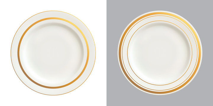 Vector illustration of white plates with gold trims, isolated on white and dark backgrounds.