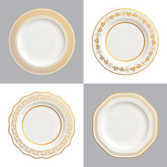 Vector illustration of decorative white plates with gold trims and ornamental borders; isolated on white and dark backgrounds.